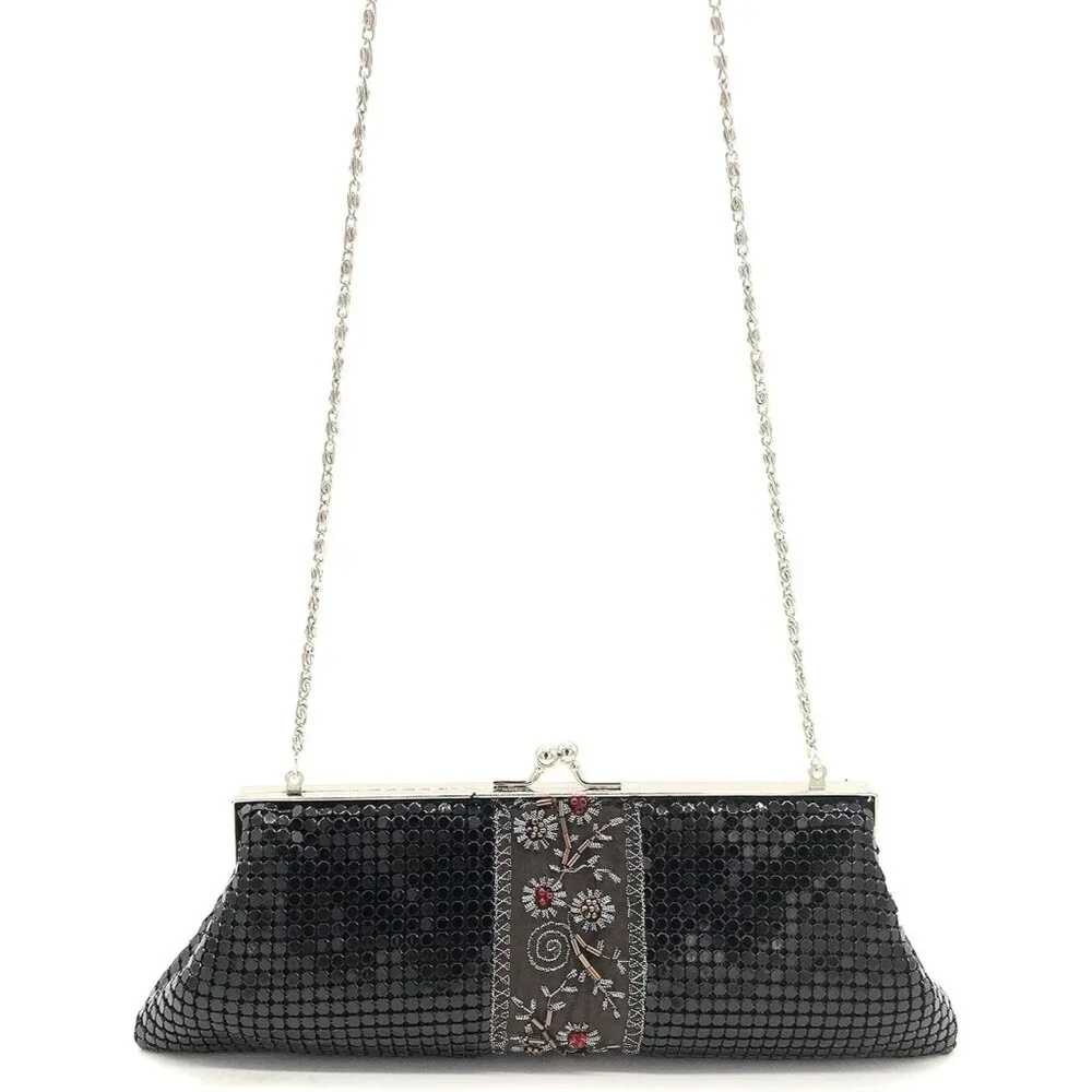 ⚡ Women's Black Embroidered Floral Pattern Metal Kiss Lock Evening Clutch Bag